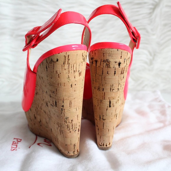 Christian Louboutin Une Plume Hot Pink Neon Patent Leather Cork Sandal Wedges - Picture 7 of 14